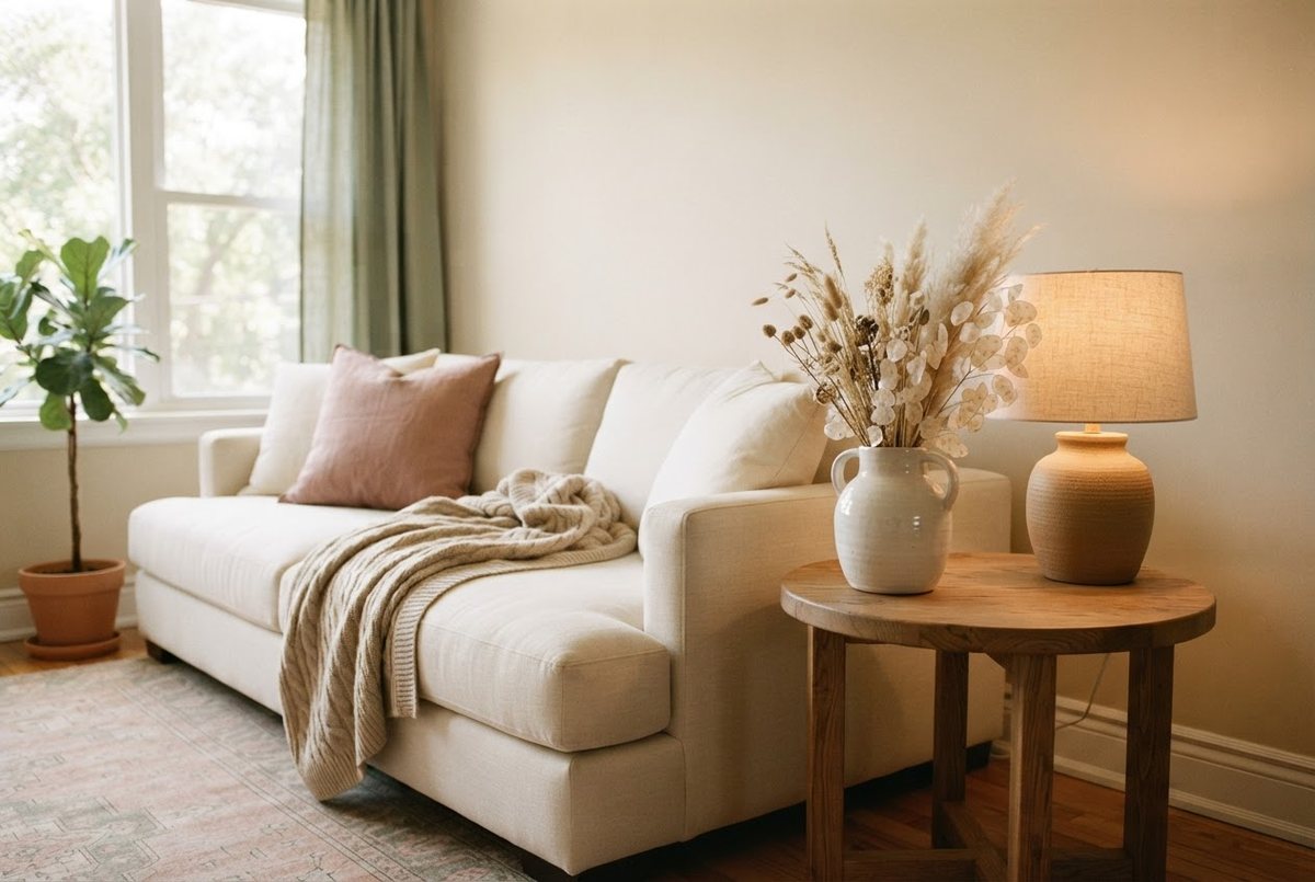 Cream linen sofa with a beige knit throw, white ceramic vase with dried stems and a warm table lamp in a sunlit apartment living room
