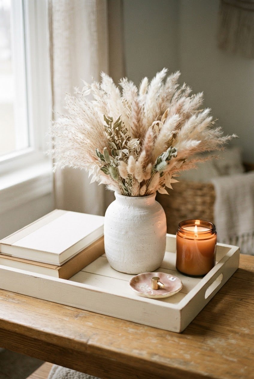 White textured ceramic vase with dried pampas grass, two stacked books and a glass candle on a cream wooden tray