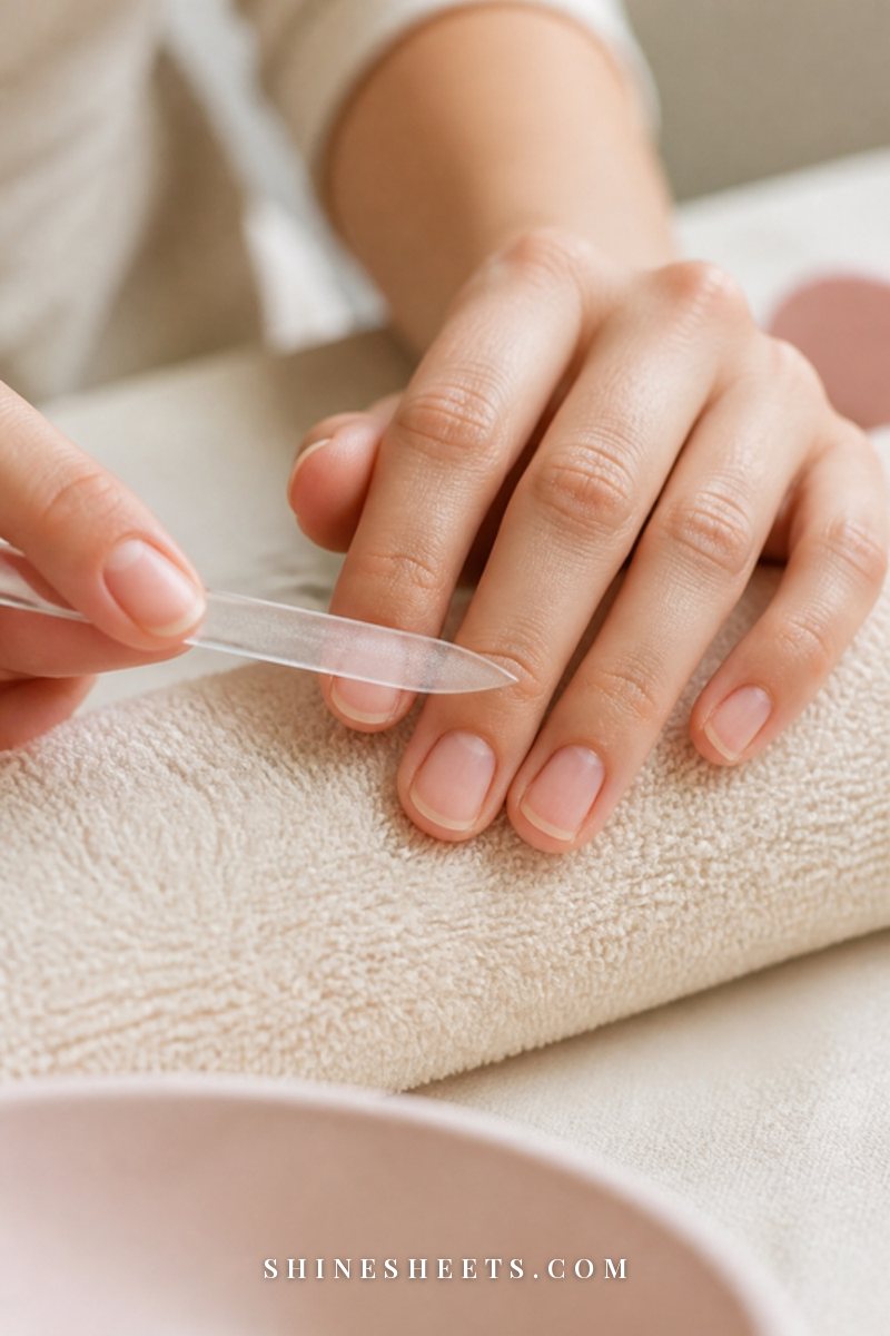 Close-up of a woman's hand gently filing short natural nails into a soft rounded shape with a clear glass nail file