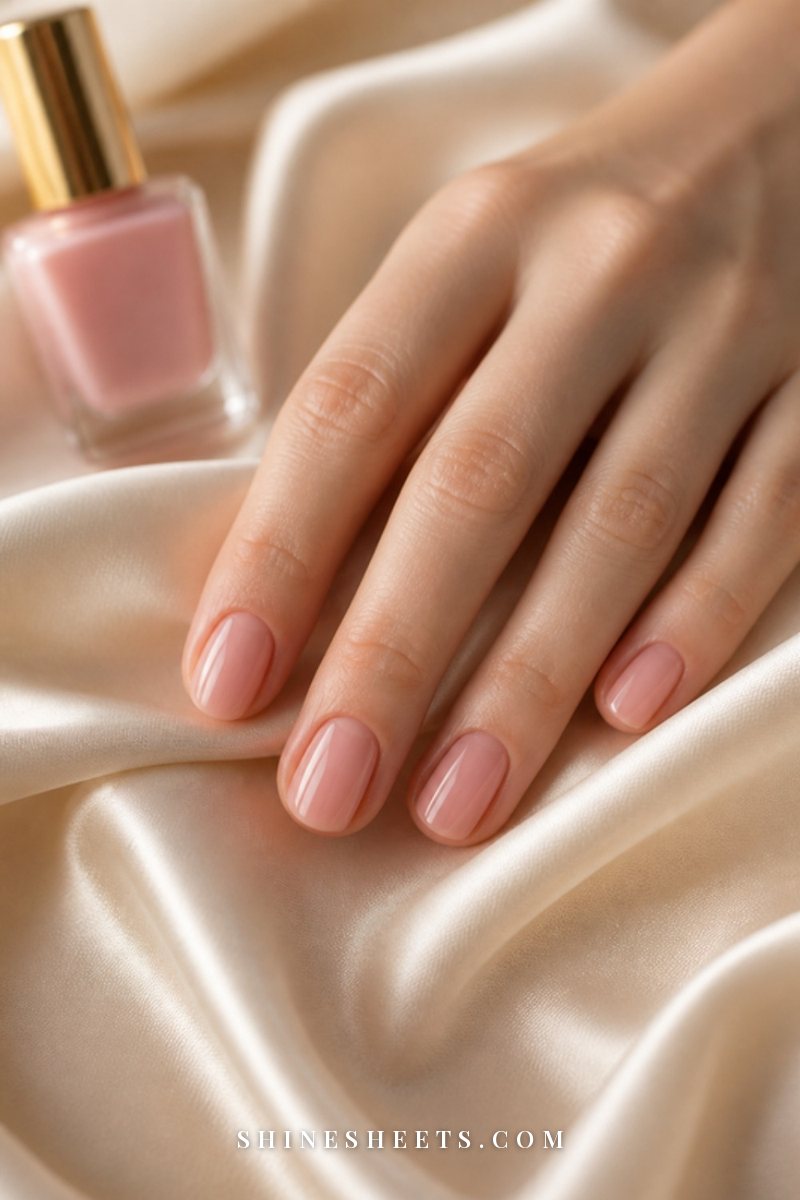 Close-up of a woman's hand with a smooth, glossy sheer pink polish on short rounded nails resting on cream silk