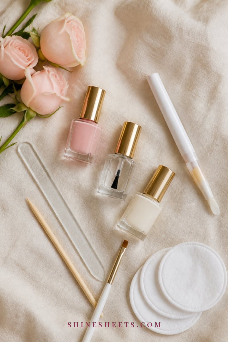 Flat lay of manicure tools on cream linen: a glass nail file, sheer pink polish, base coat, top coat, cuticle oil pen and cotton pads