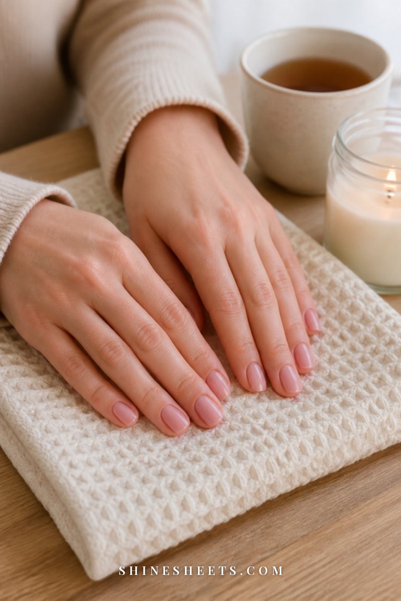 A woman's relaxed hands with freshly painted sheer pink nails resting palms down on a cream towel beside a cup of tea