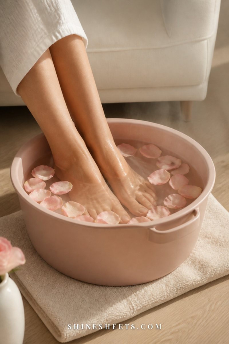 A blush foot soak tub with warm water, floating pink rose petals and a cream towel on a light wooden floor
