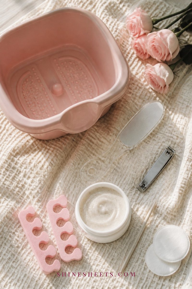 Flat lay of pedicure tools on a cream towel: a blush foot soak tub, a glass foot file, toenail clippers, a jar of foot scrub and pink toe separators