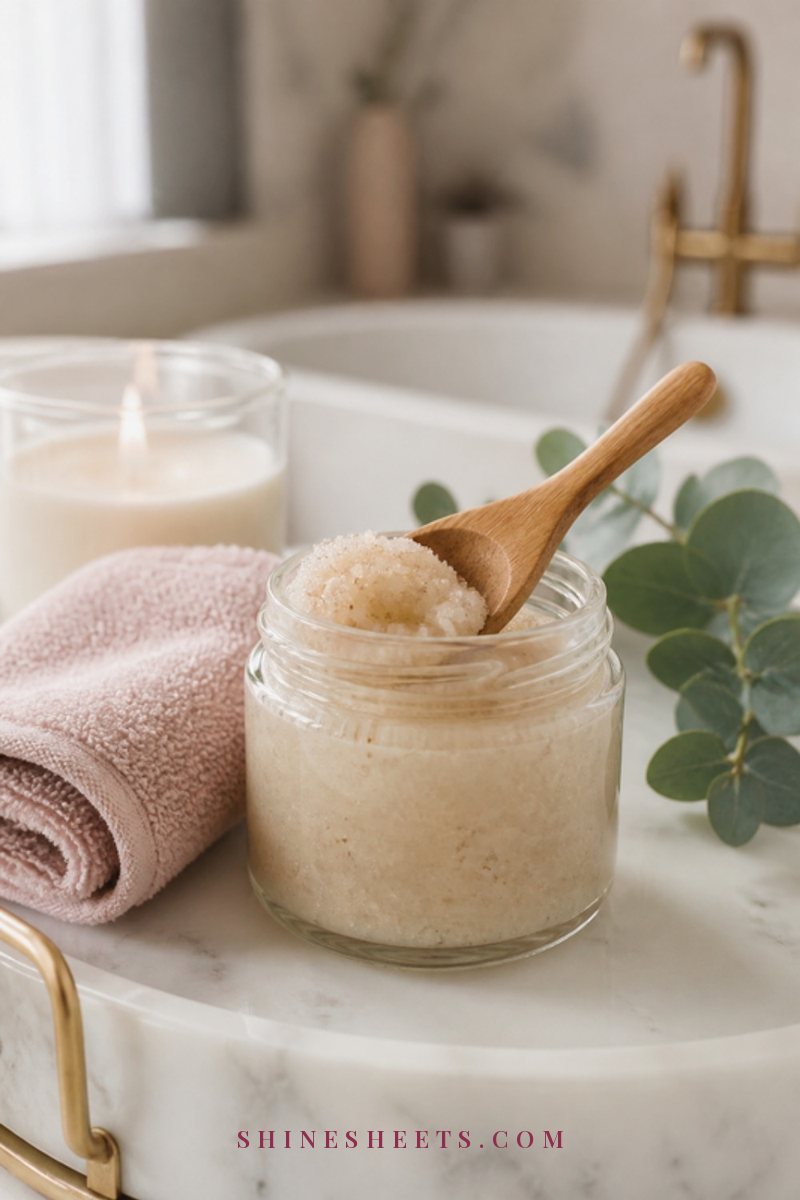 An open jar of cream foot scrub with a wooden spoon, a folded blush towel and a sprig of eucalyptus on a white marble tray