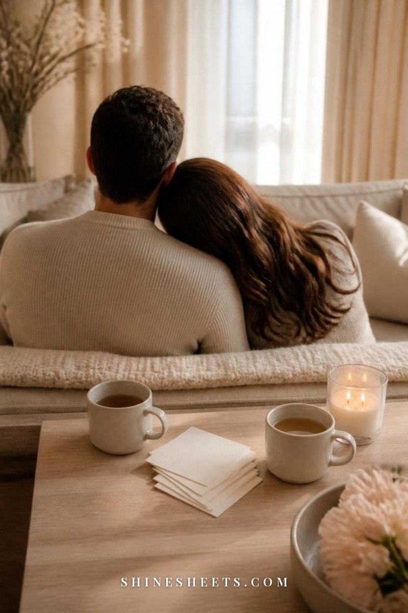 A couple seen from behind sitting close together on a cream sofa with blank conversation cards and two mugs of tea on a wooden coffee table