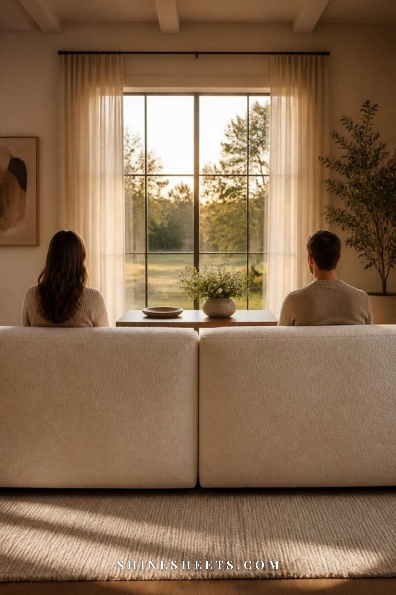 A couple seen from behind sitting at opposite ends of a cream bouclé sofa in a calm, softly lit living room