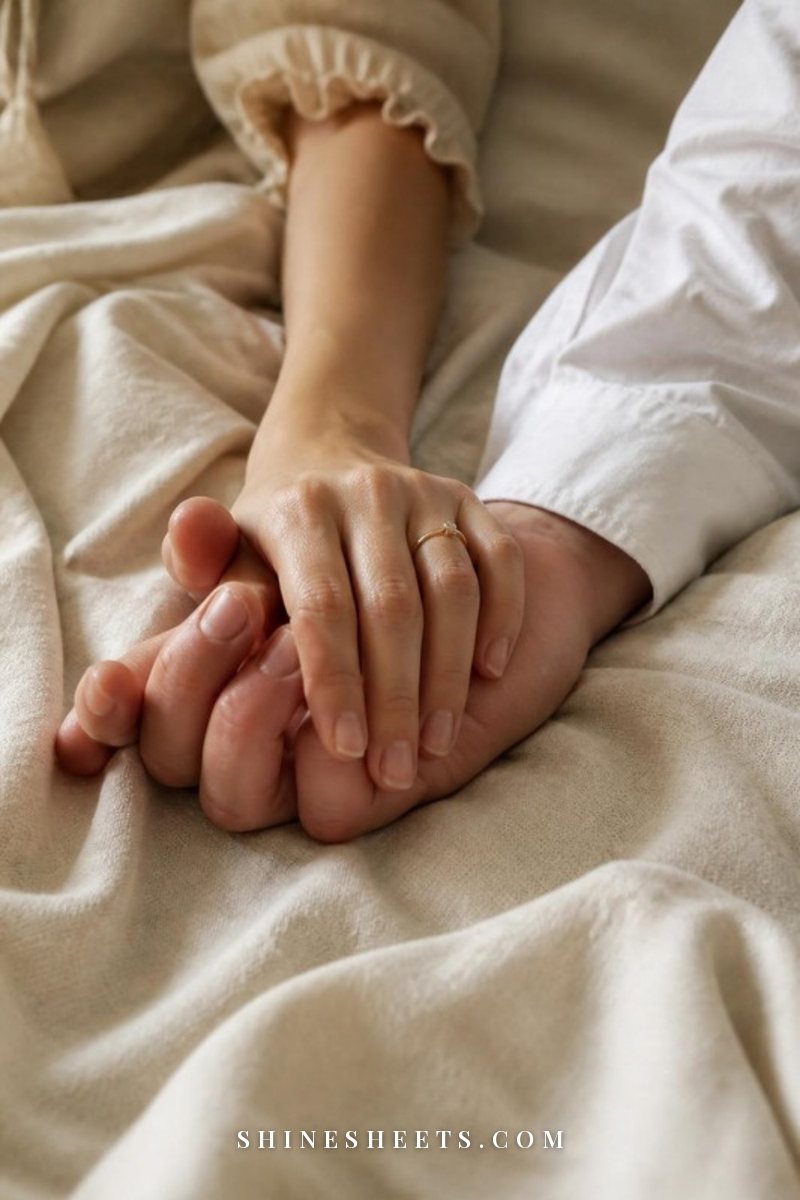 A couple's hands loosely intertwined on a cream linen blanket in soft morning light