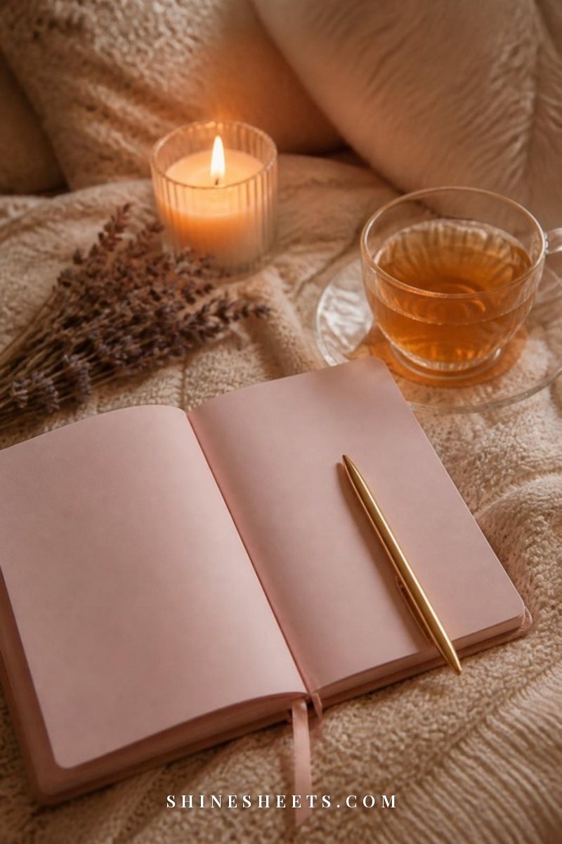 Open blush journal with blank pages, a gold pen, a cup of herbal tea and a lit glass candle on a cream bedspread