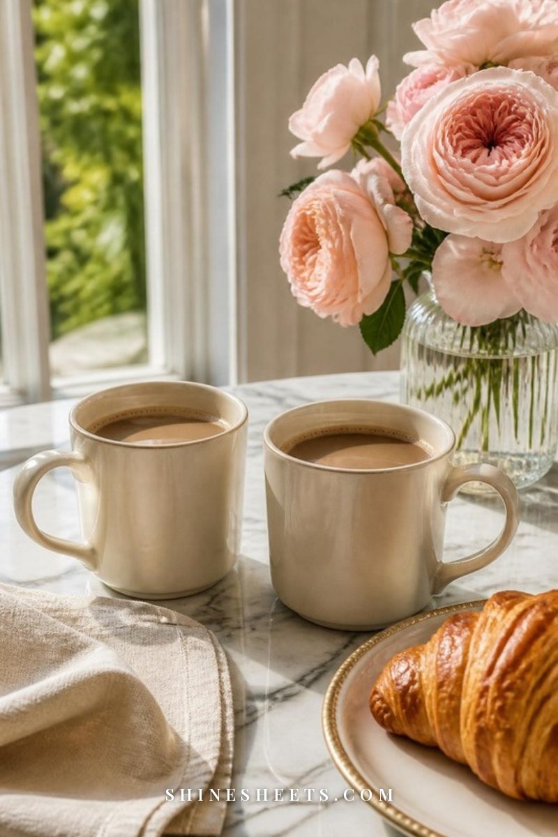 Two cream ceramic coffee mugs side by side on a sunny white breakfast table next to a small vase of blush roses