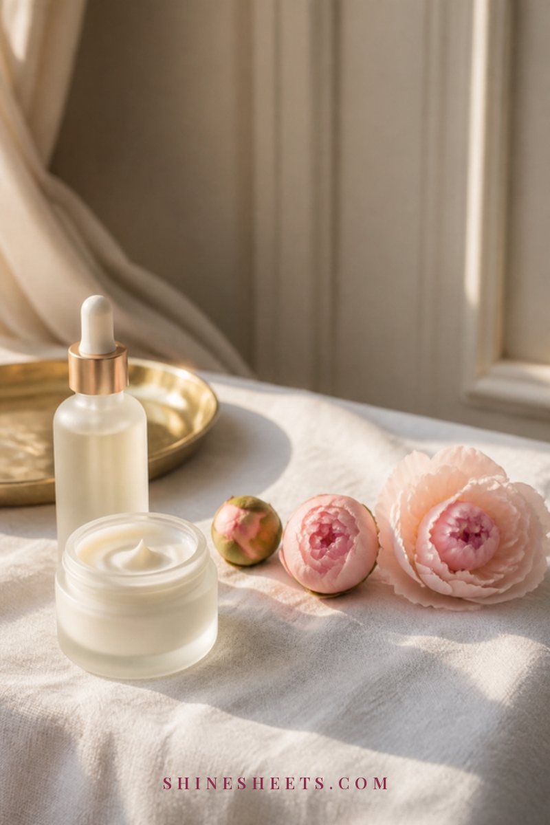 A calm skincare still life of a frosted serum bottle, a cream jar and blush peonies on a white linen surface in morning light