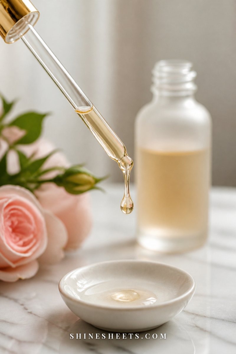 A glossy drop of golden serum falling from a glass dropper onto the rim of a cream ceramic dish on a marble vanity