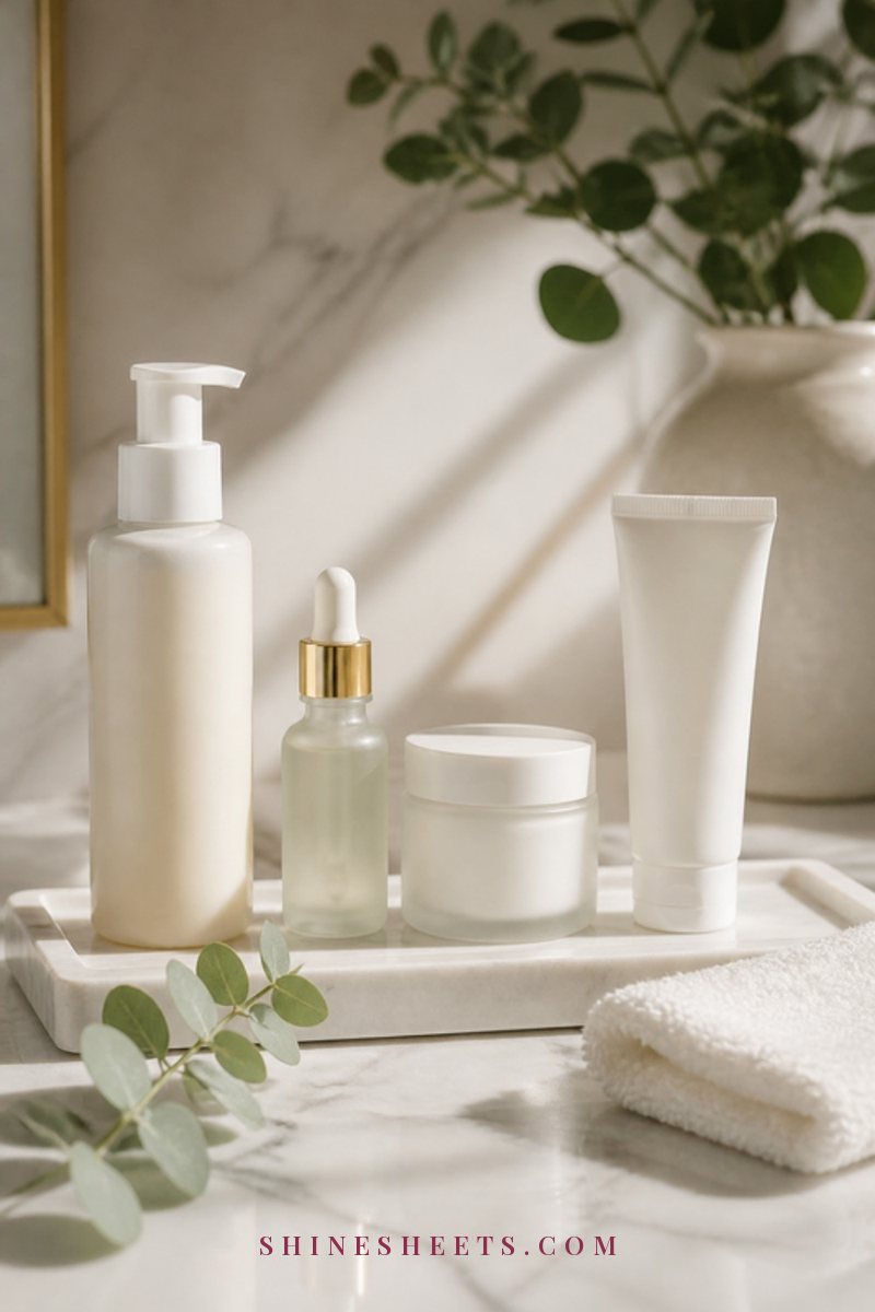 A neat row of cream and white skincare bottles and a tube of sunscreen on a white marble tray with a sprig of eucalyptus
