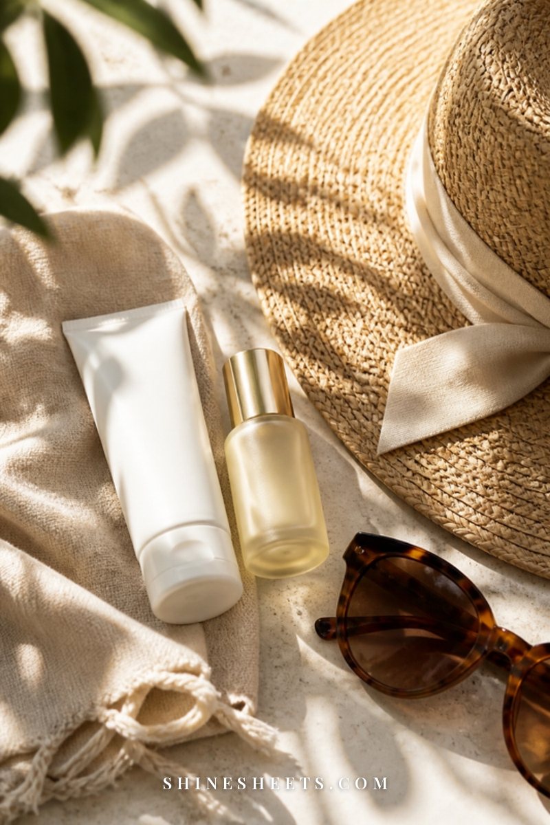 A plain white tube of mineral sunscreen beside a woven straw hat and a cream linen towel in bright morning sunlight
