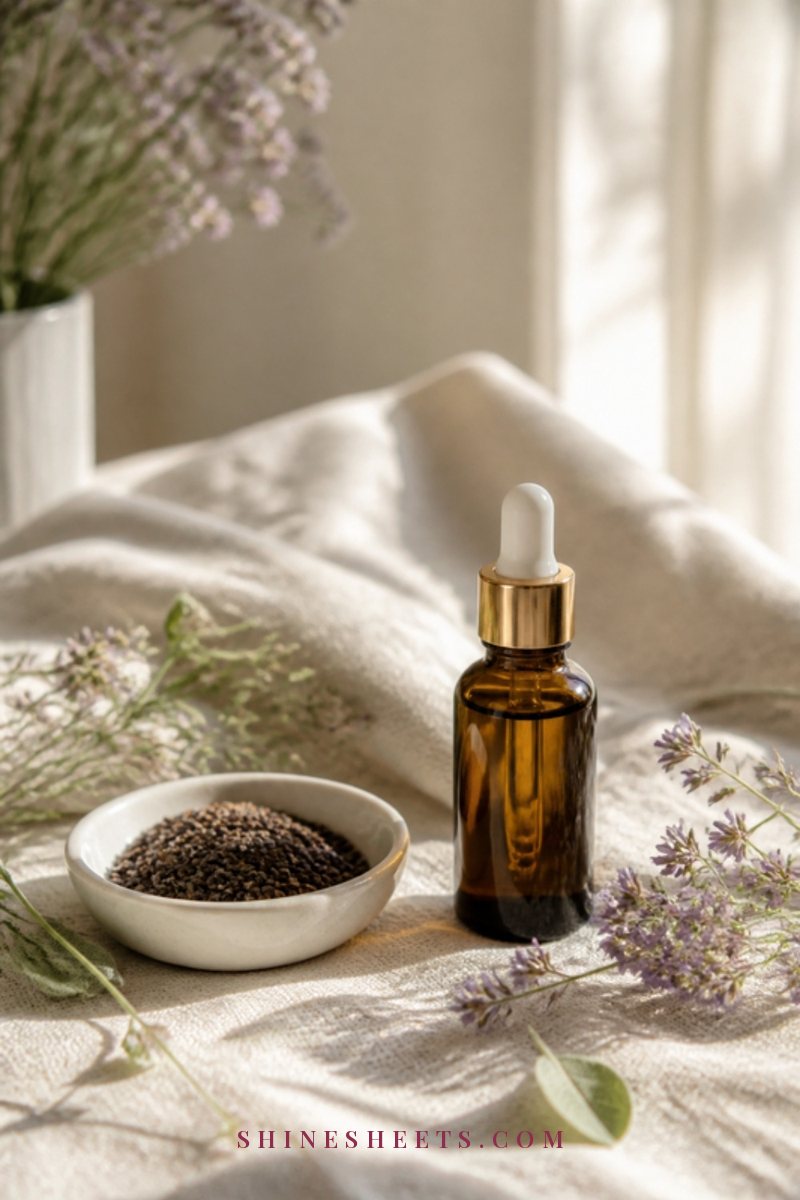 An unlabeled amber glass dropper bottle beside small dried seeds and pale purple flowers on a cream linen cloth