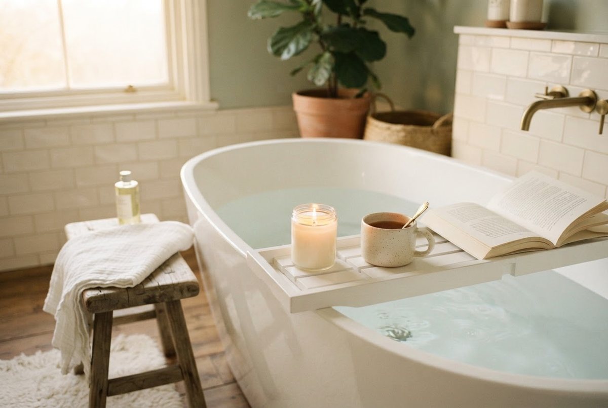 Freestanding white bathtub with a white bath tray holding a glass candle, a cup of tea and an open book, a cream towel folded on a stool in warm evening light