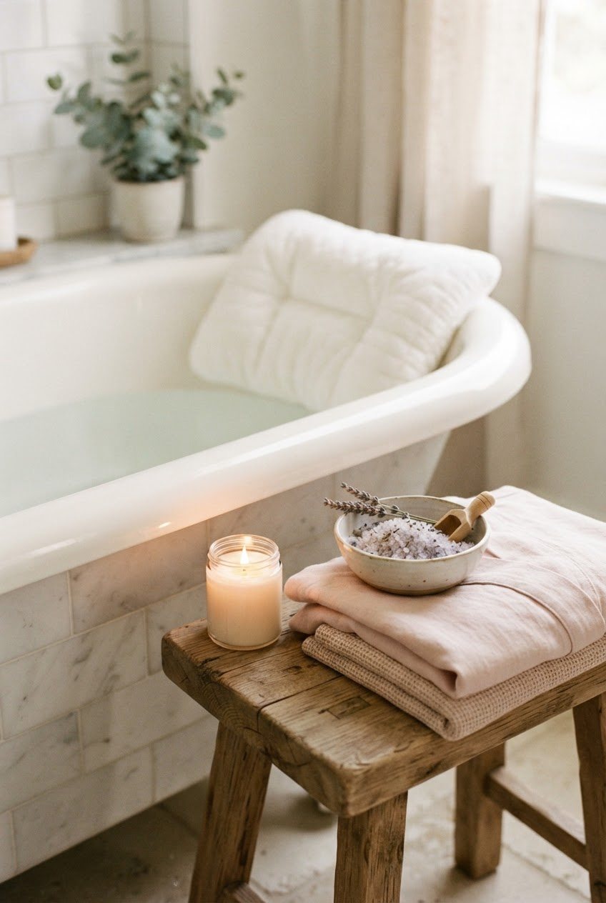 Soft white bath pillow on the edge of a bathtub with a glass jar candle, a bowl of lavender bath salts and a folded blush pink robe on a wooden stool
