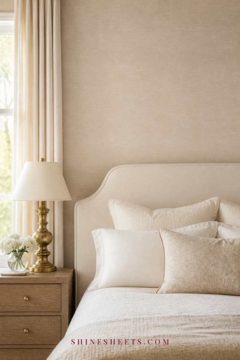 A bed against a wall covered in soft beige textured peel-and-stick wallpaper with a cream headboard and a brass lamp