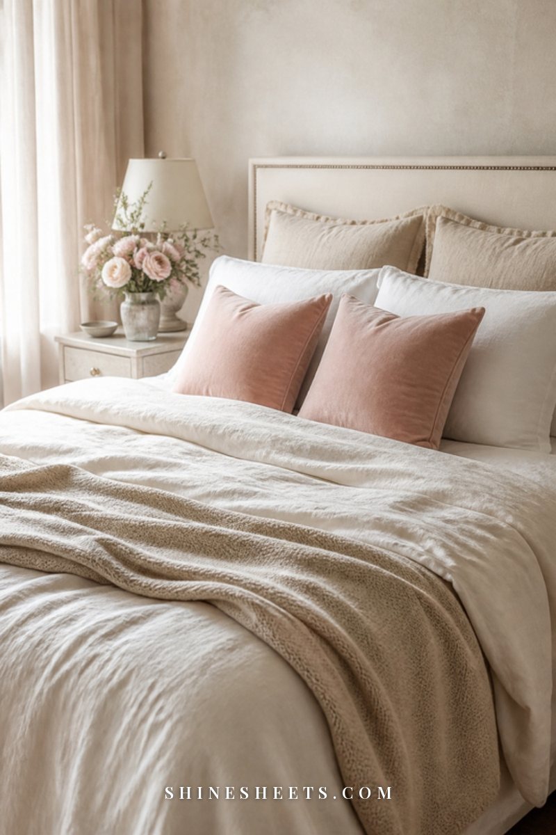 A bed dressed in a cream linen duvet with layered blush and beige pillows and a folded knit throw in soft morning light