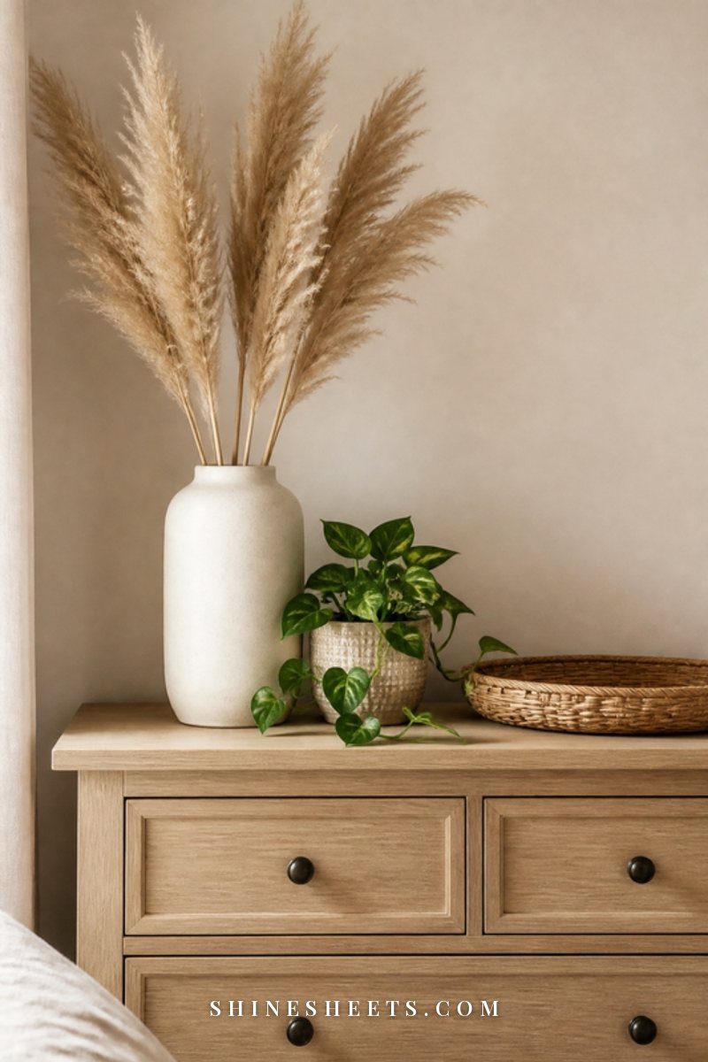 A cream ceramic vase of faux pampas grass on a light wood dresser next to a small trailing plant in a beige pot