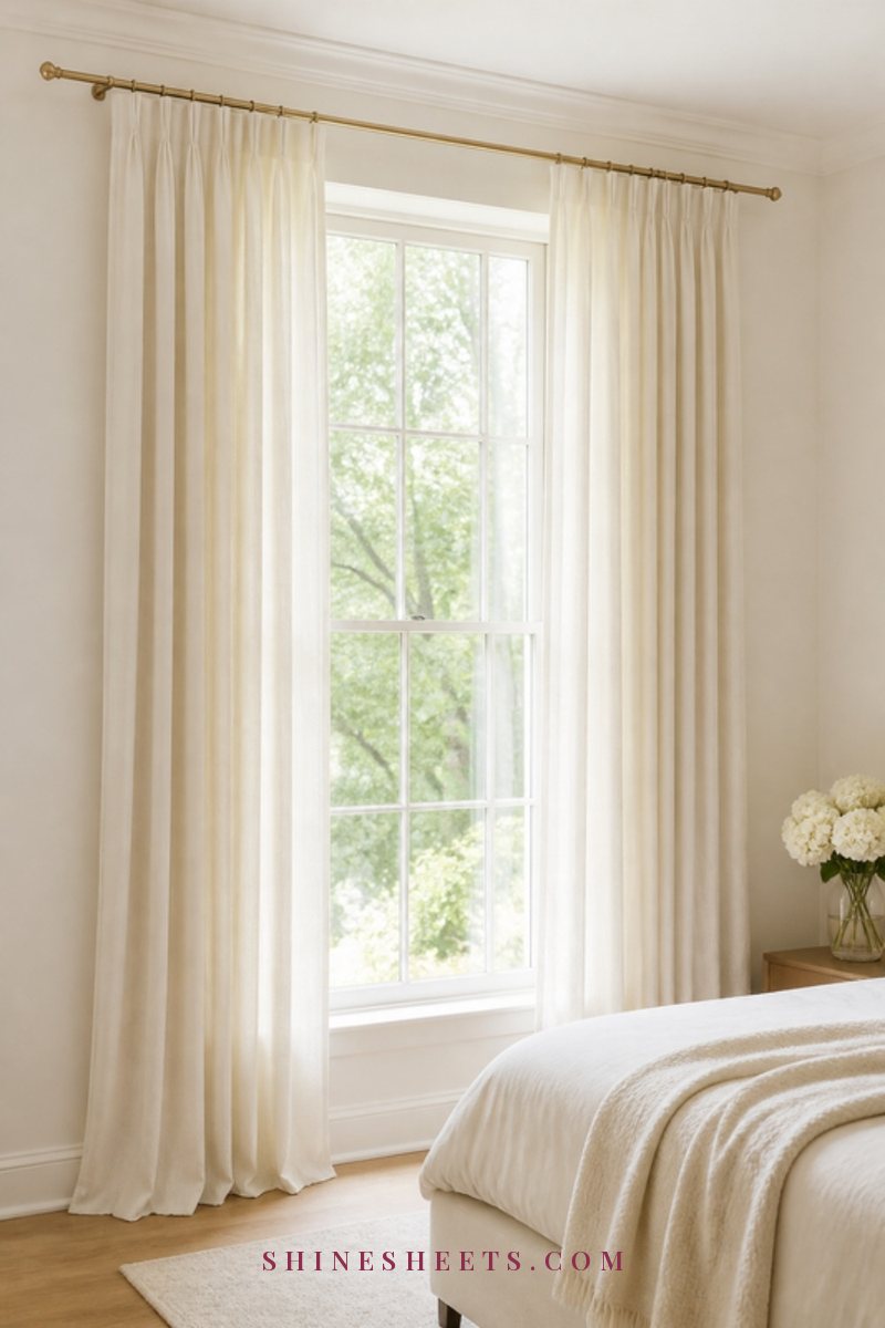 Floor-length ivory linen curtains hung on a slim gold rod near the ceiling, framing a bright bedroom window