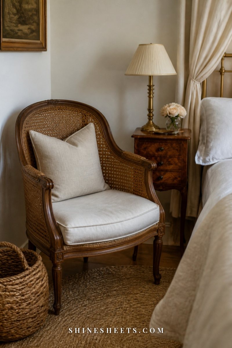 A thrifted rattan accent chair with a cream cushion beside a vintage brass lamp on a small wooden side table