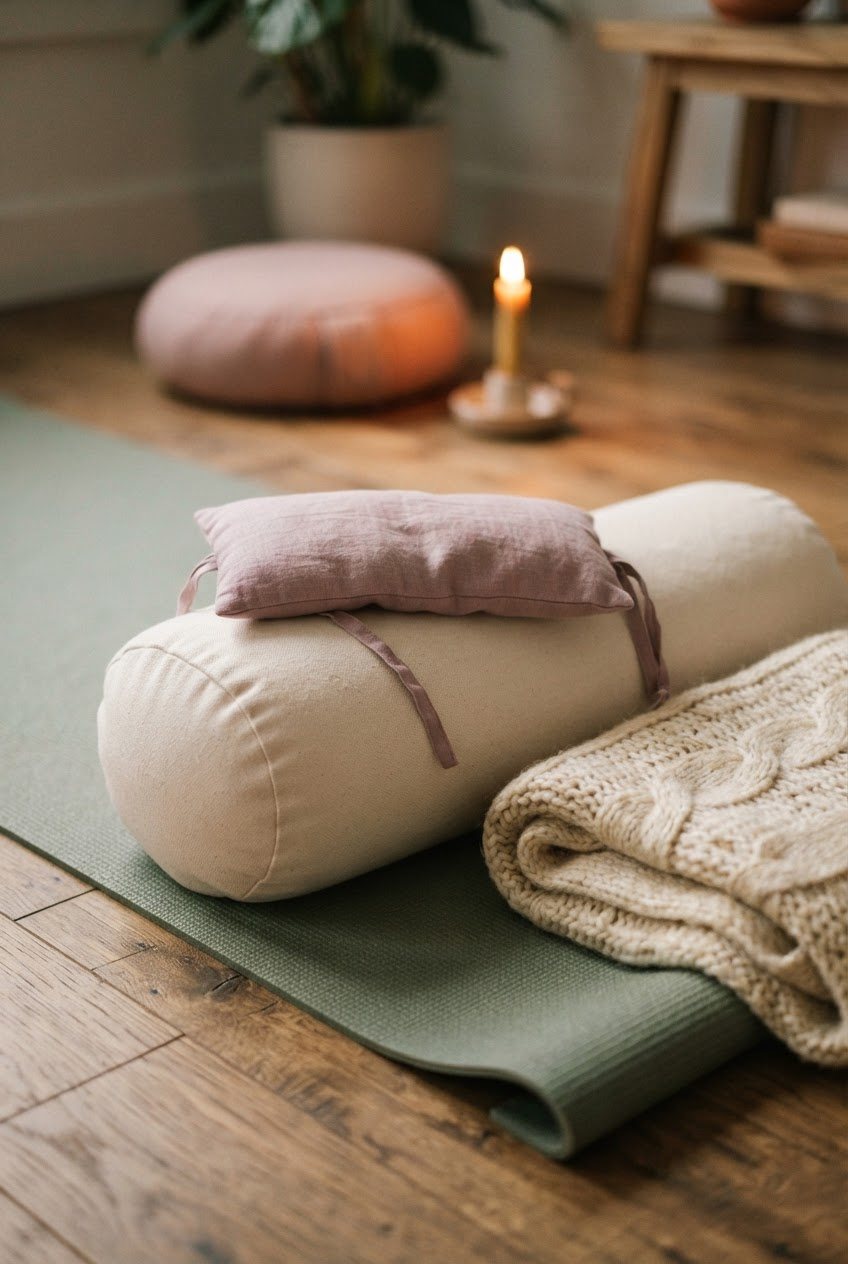 Lavender eye pillow resting on a cream bolster beside a folded knit blanket on a sage yoga mat in dim evening light