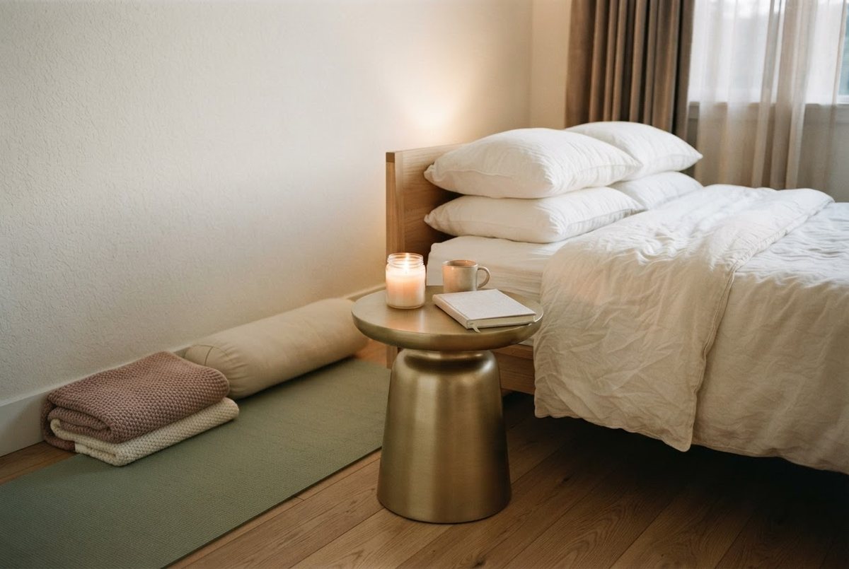 Sage yoga mat, a cream bolster and a folded knit blanket beside a bed with white linen and a glass candle in soft evening lamplight