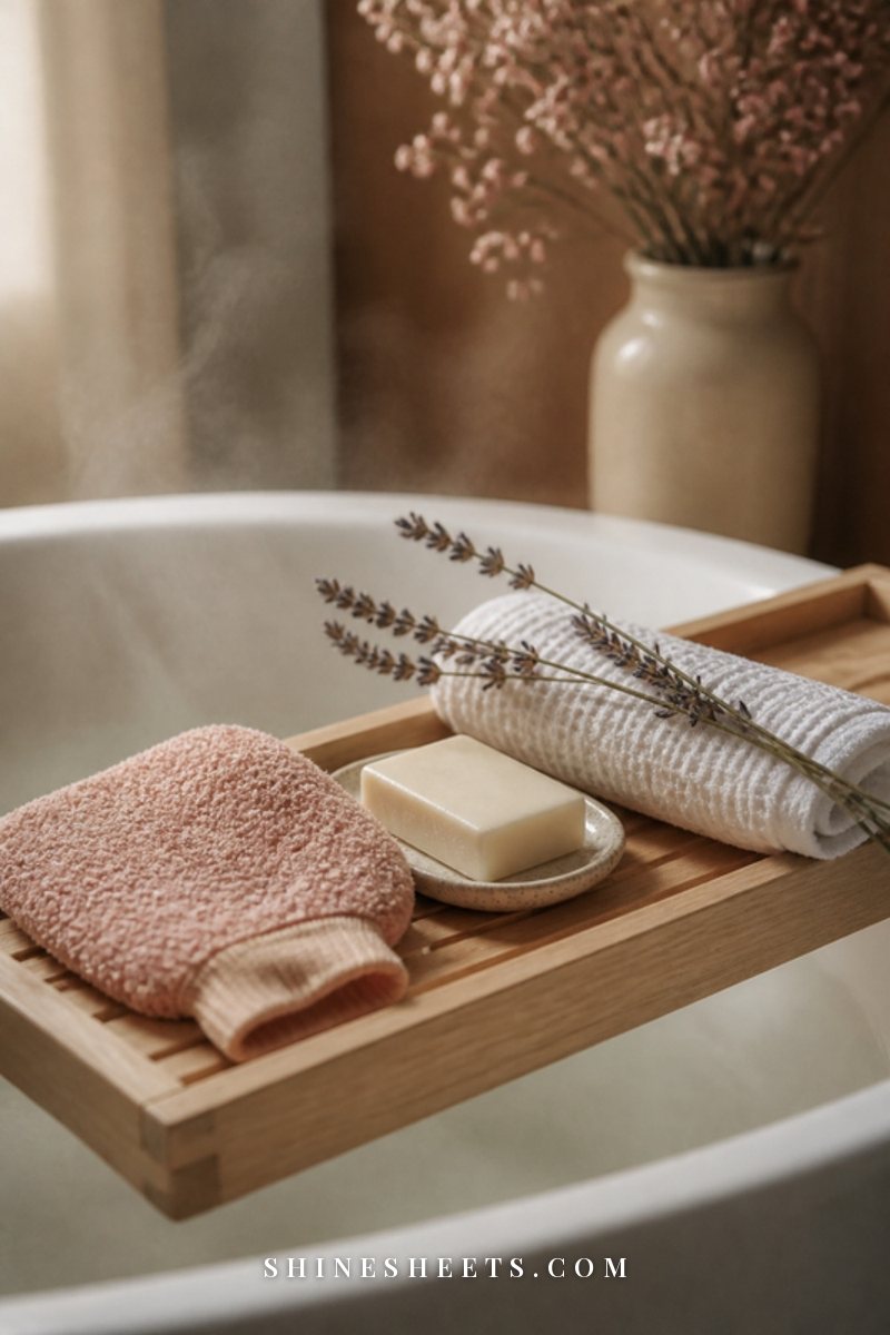 Blush exfoliating mitt, a cream bar of soap and a rolled white towel on a wooden bath tray