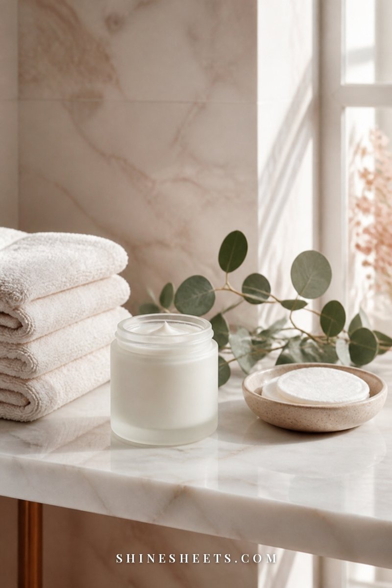 Folded cream towels, a eucalyptus sprig and a glass jar of body lotion on a white marble bathroom shelf