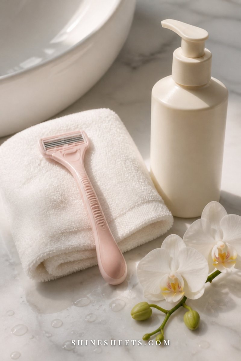 Pastel pink women's razor resting on a folded white towel beside a cream bottle of shaving gel and a white orchid