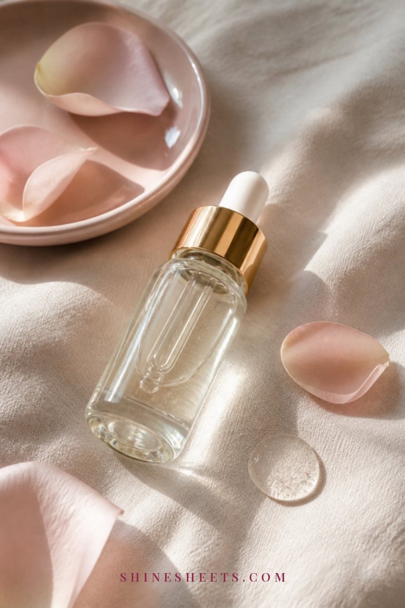 Small glass serum bottle with a dropper on a cream linen cloth beside pale pink rose petals