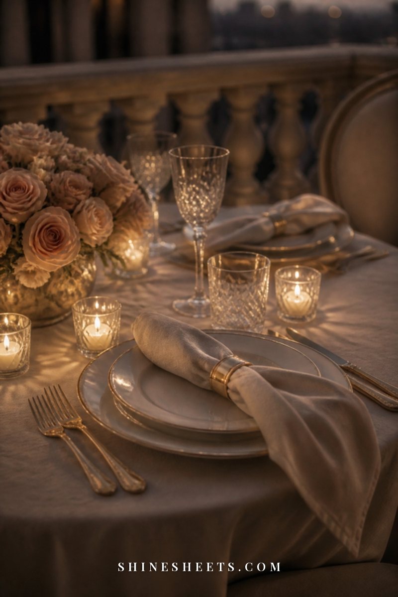 A candlelit table set for two with cream linen napkins, glass candles and a small bouquet of blush roses