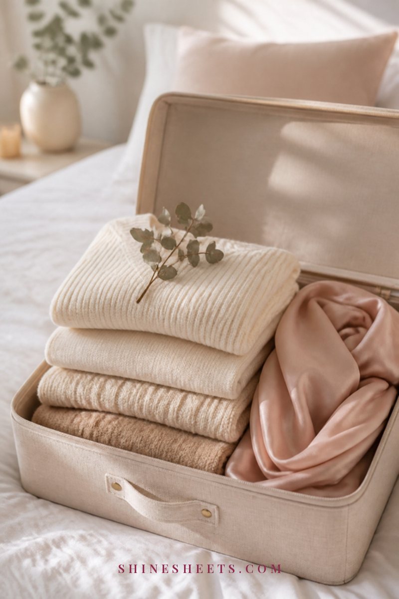 A care package box with tissue paper, a cream envelope, a candle and a folded knit scarf on a bed
