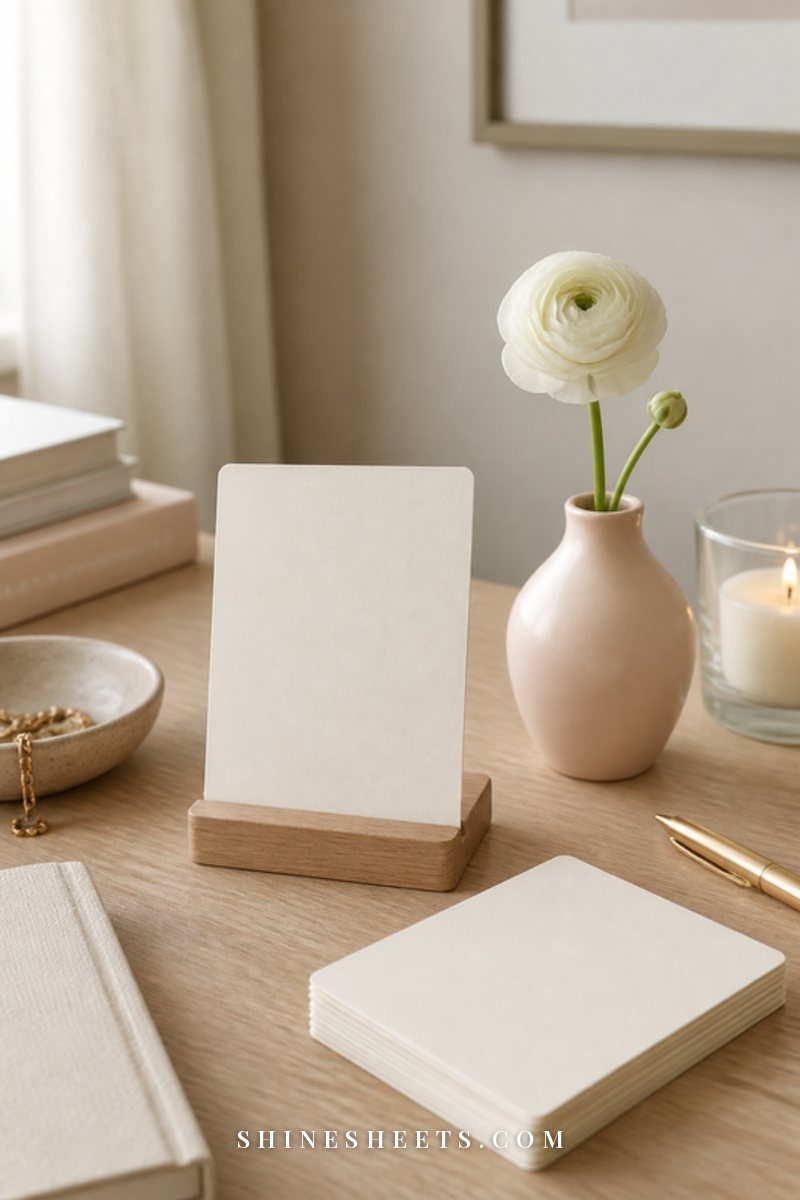 A folded blank cream card with a gold foil edge propped against a glass vase of blush peonies