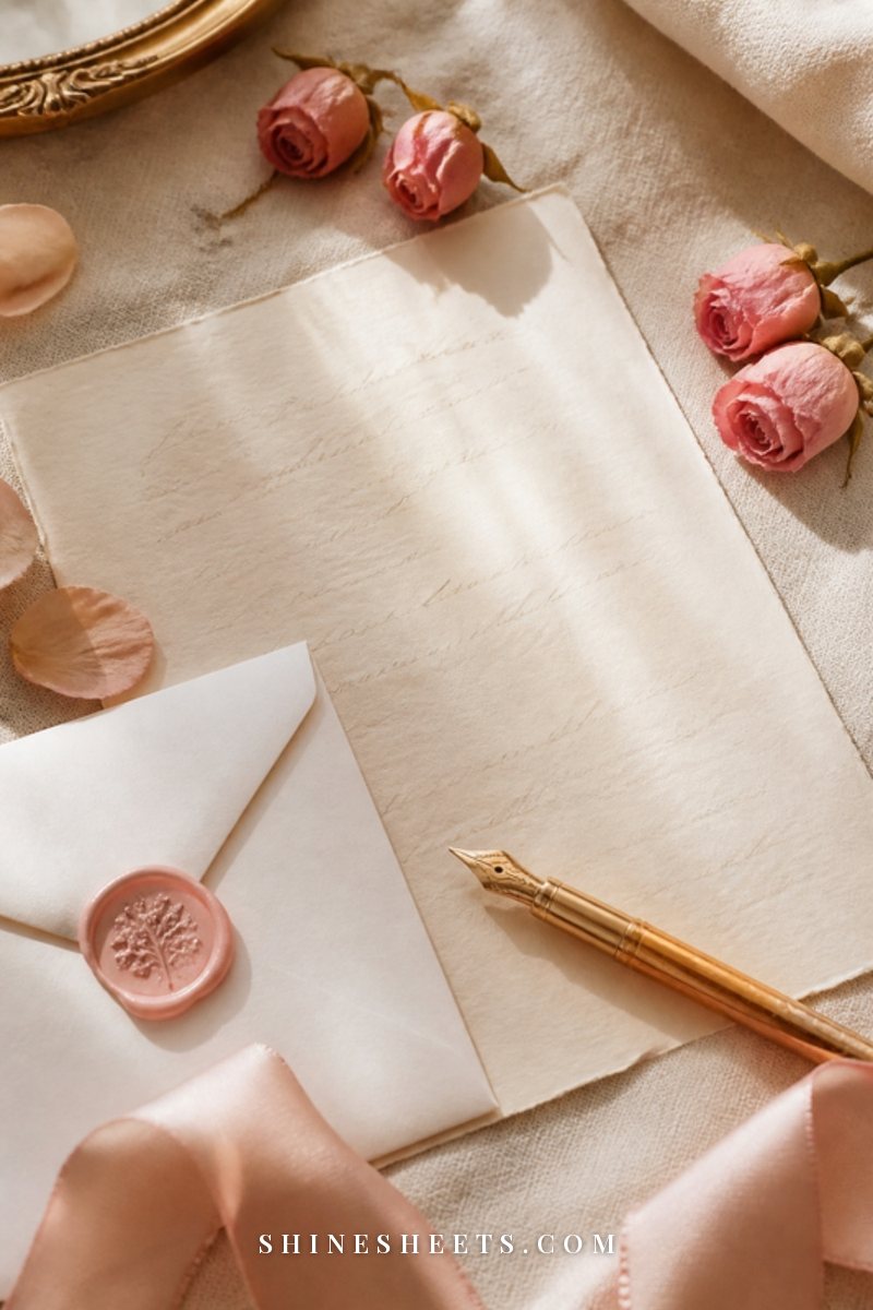 A handwritten letter on blank cream paper with soft illegible scribbles beside a wax seal and dried roses