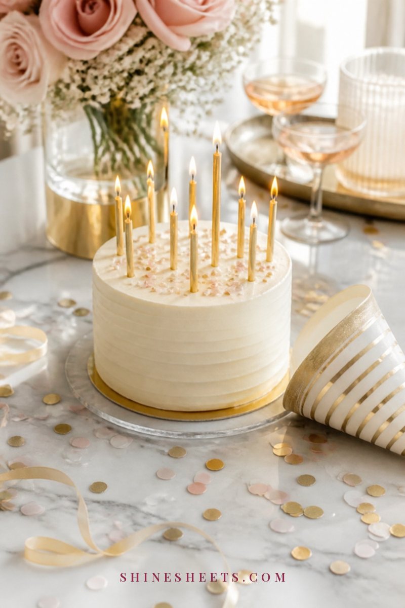 A playful still life of a small cream frosted cake with gold candles, confetti and a party hat on a white table