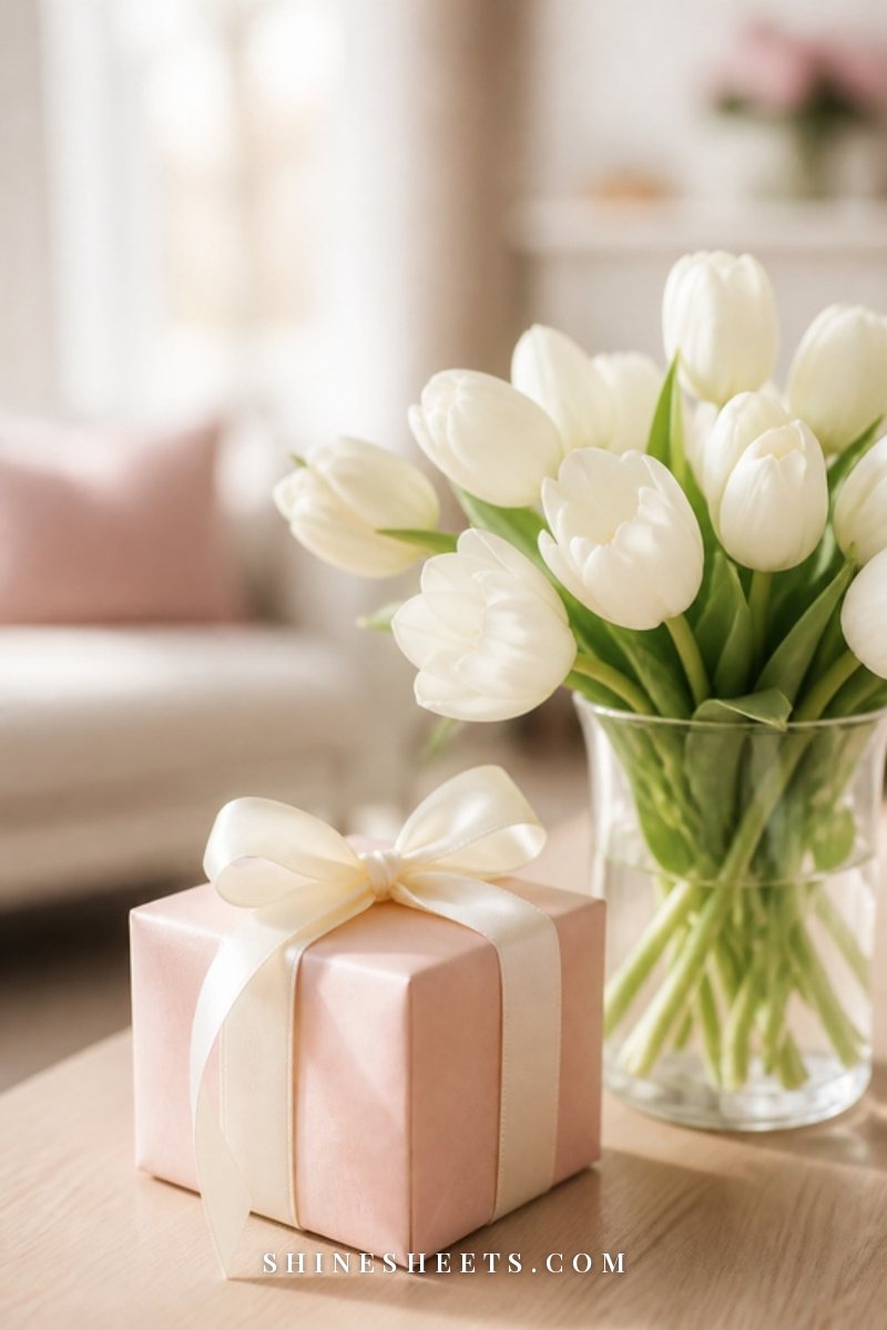 A small gift box wrapped in blush paper with a cream silk bow next to a bouquet of white tulips