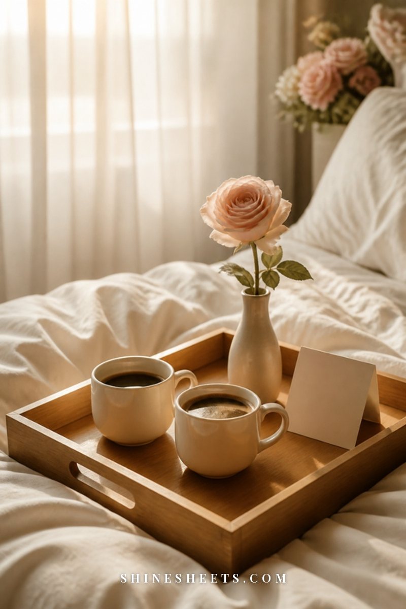Two coffee mugs and a single blush rose on a breakfast tray on a white bed in morning light
