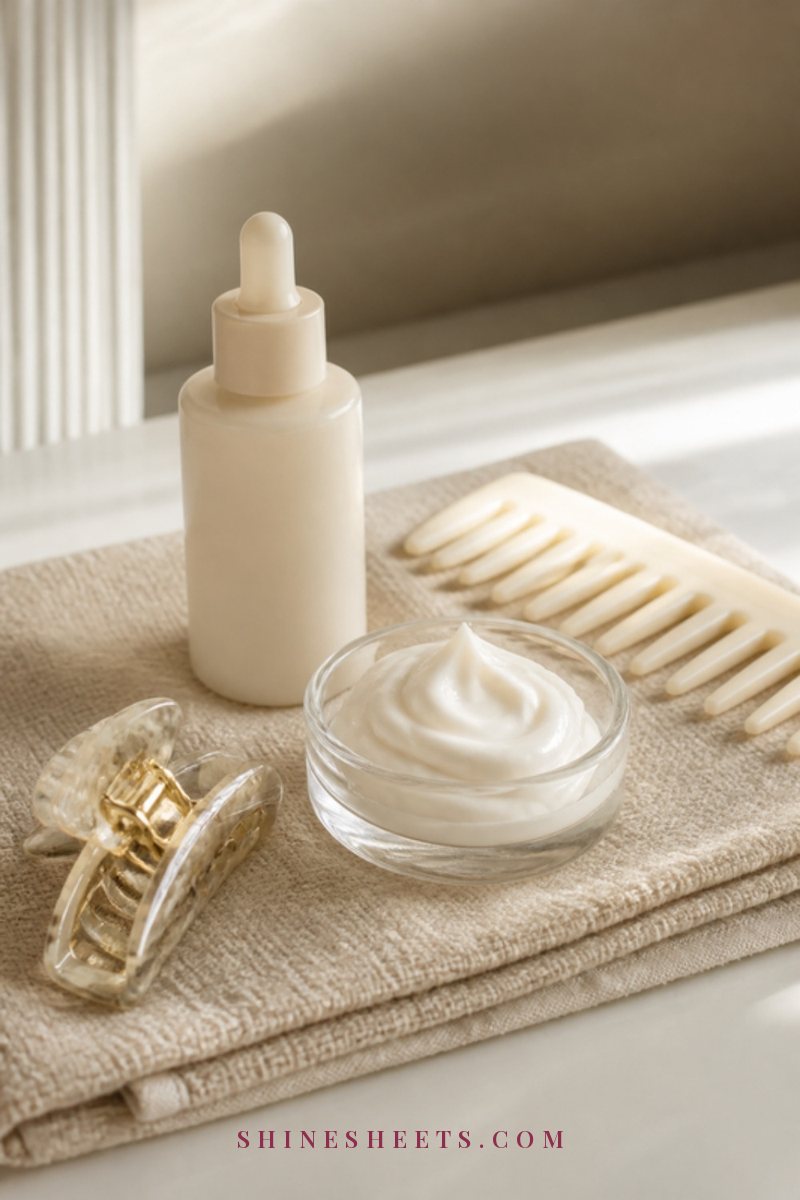 Cream bond repair treatment bottle and a small glass dish of hair mask beside a wide-tooth comb on a beige linen towel