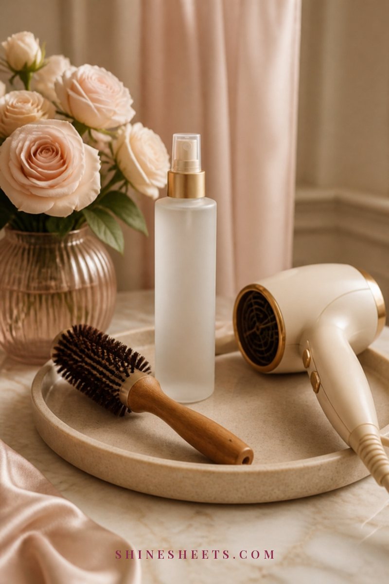 Heat protectant spray bottle beside a cream hair dryer and a round brush on a beige vanity tray