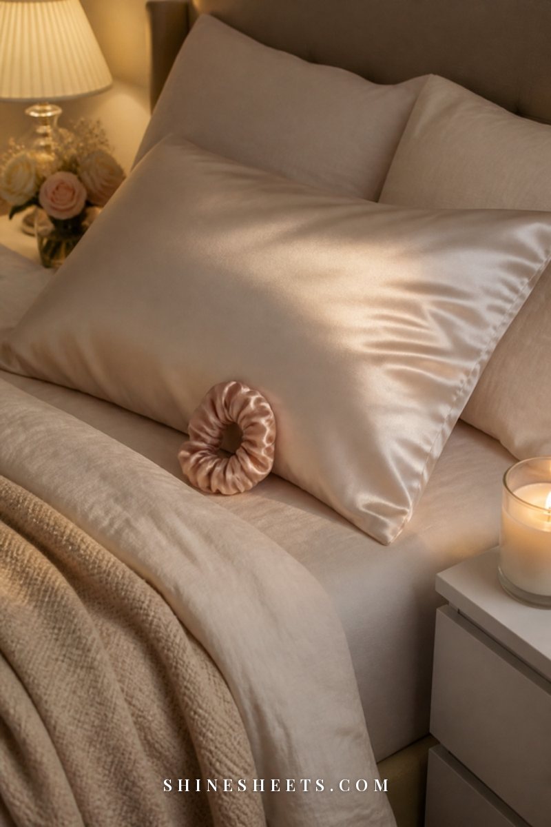 Ivory silk pillowcase on a neatly made bed with cream linen sheets and a glass candle on the nightstand