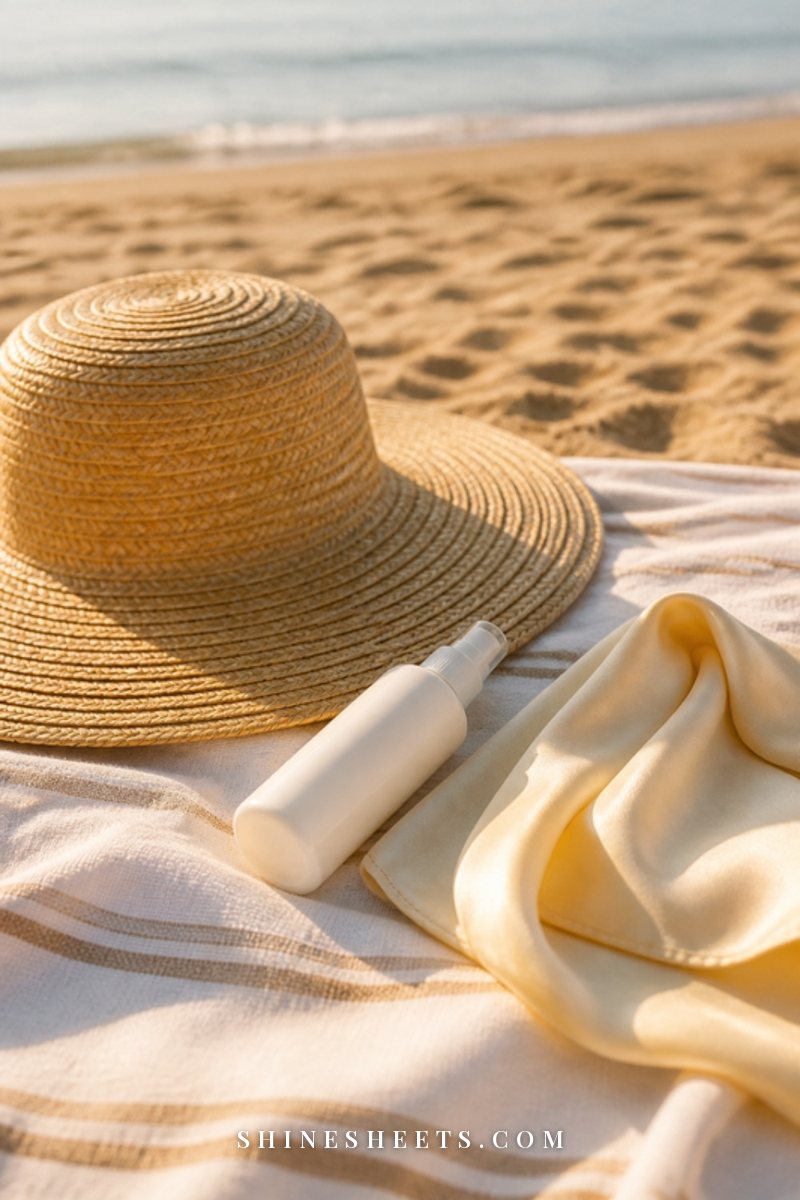Straw sun hat, a UV hair protection spray and a cream silk scarf on a white beach towel in warm sunlight