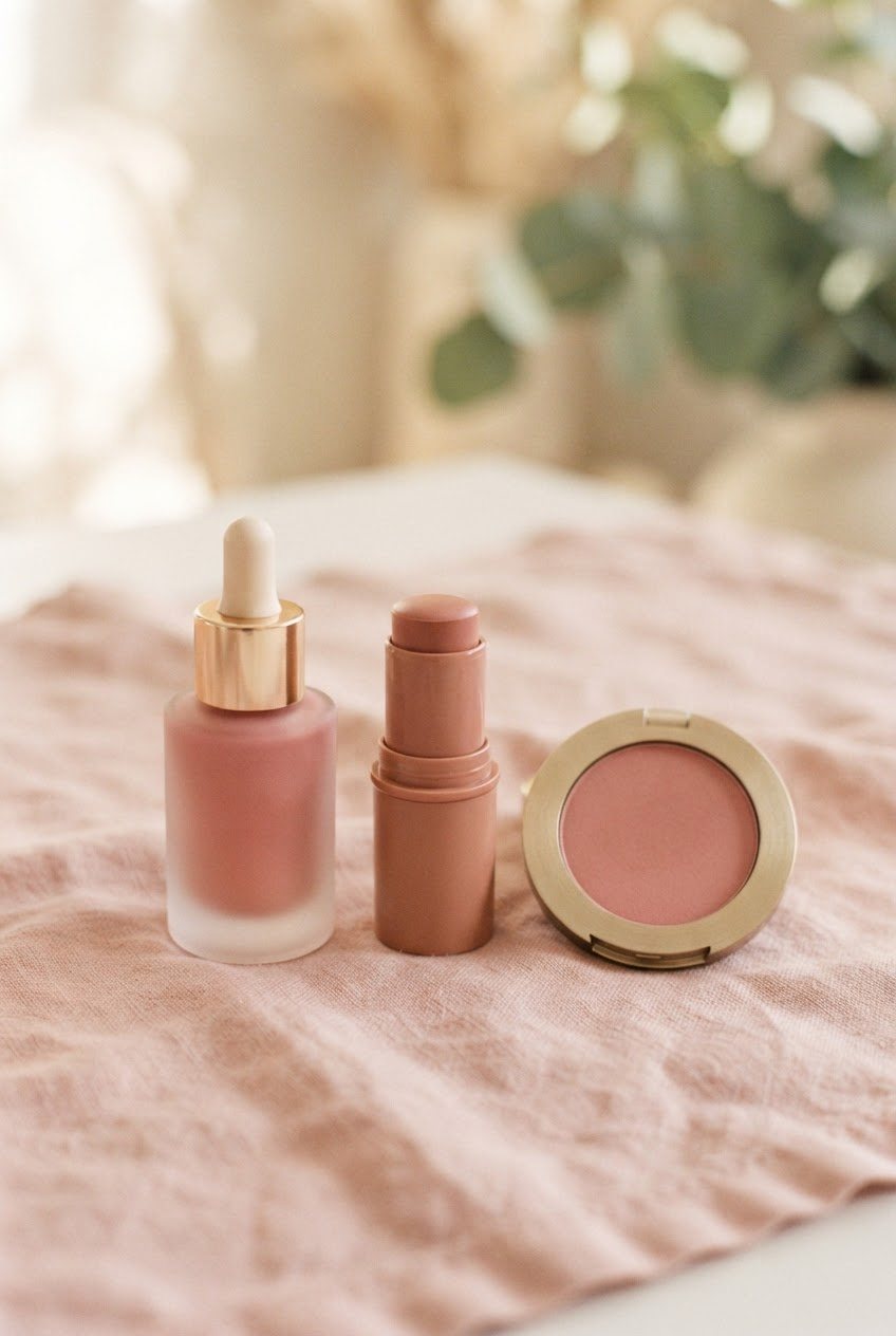 Liquid blush bottle, cream blush stick and powder blush compact lined up on a blush pink linen cloth