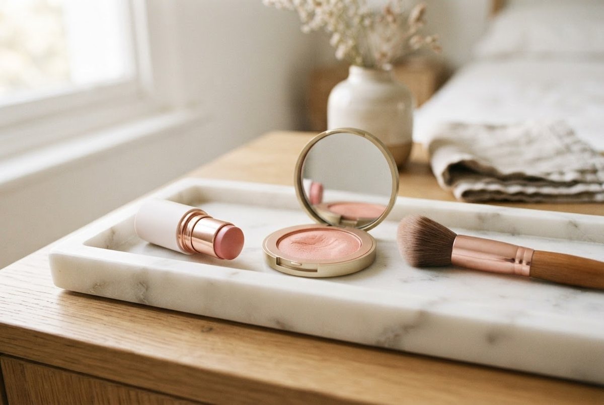 Pink cream blush stick, peach powder blush compact and an angled blush brush on a white marble vanity tray in soft daylight