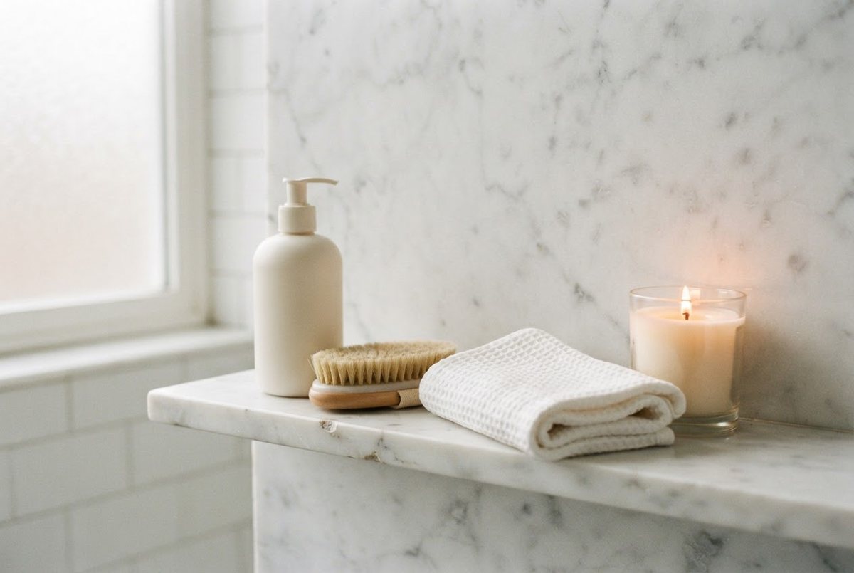 Cream body lotion bottle, a natural bristle dry brush, a folded white waffle towel and a lit glass candle on a marble bathroom shelf
