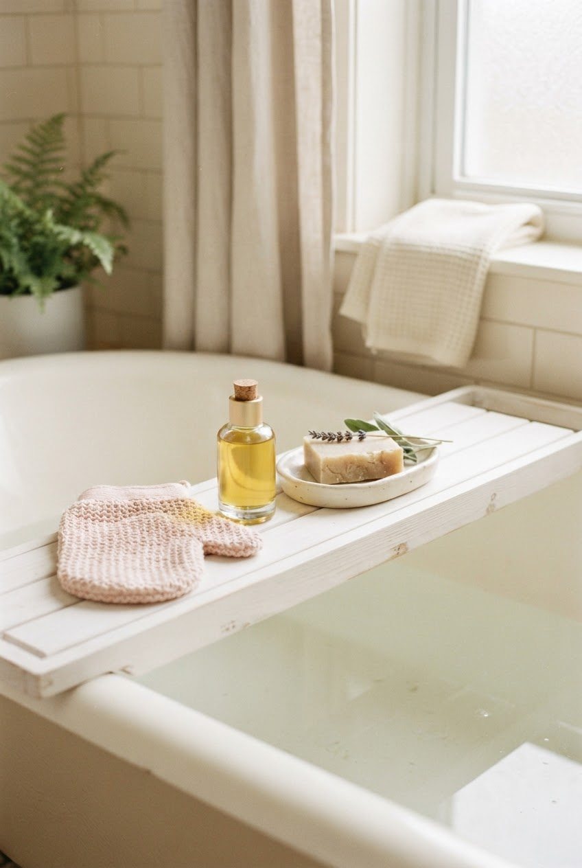 Pink exfoliating mitt, a glass bottle of body oil and a cream ceramic dish with a bar of soap on a white bath tray