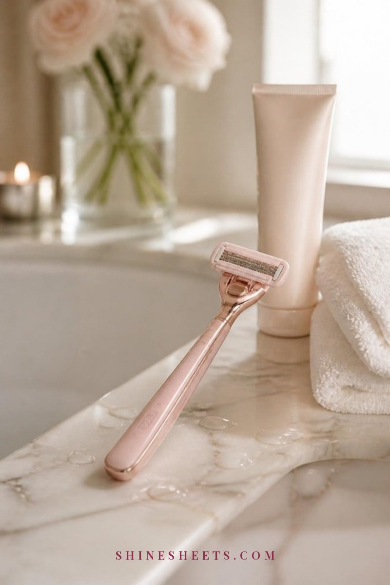 Blush pink women's razor, a cream tube of shave gel and a folded white towel on the edge of a marble bathtub