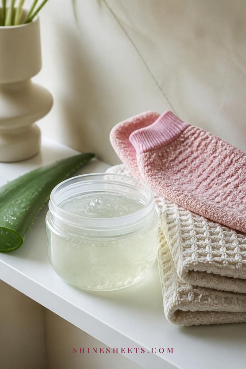 Cream jar of clear aloe after-shave gel, a pink exfoliating body mitt and a folded ivory waffle towel on a white bathroom shelf in soft daylight