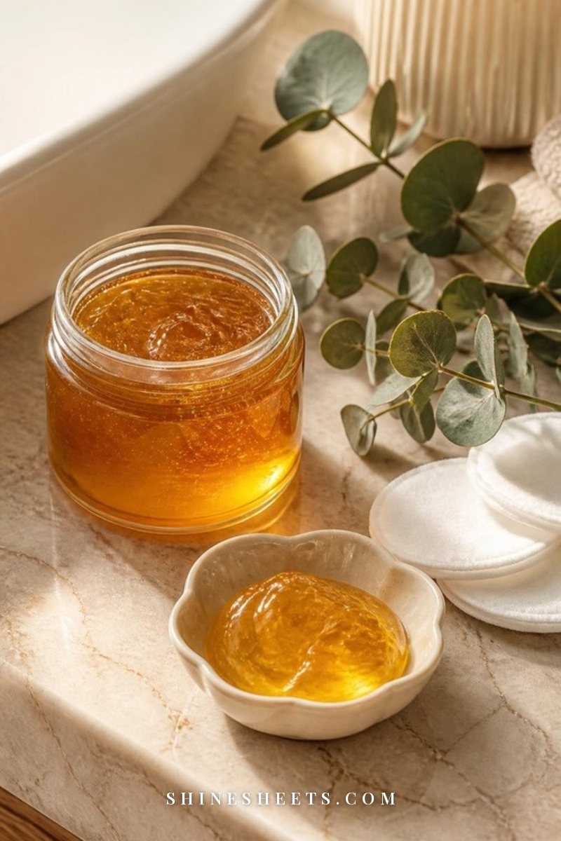 Glass jar of golden amber sugaring paste beside a cream ceramic dish, white cotton pads and a sprig of eucalyptus on a beige marble counter